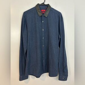 Hugo Boss Blue Slim Fit Button Down w/ Faux Black Leather Collar Size XXL